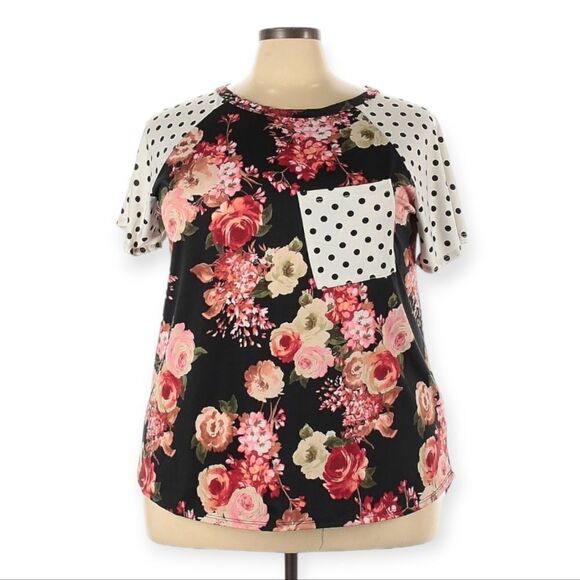 Doublju Floral & Polkadot Baseball Sleeve Tee with Pocket - Picture 1 of 3